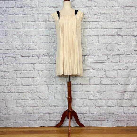April, May Tana Cream & Navy Blue Pleated Mini Dress - Picture 1 of 6